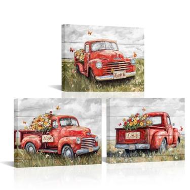 Imagem de sechars Tela de arte de parede de caminhão vintage decoração de casa de fazenda Faith Hope Love impressões de pintura floral (vermelho)