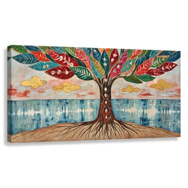 Imagem de Árvore da Vida Arte de Parede Impressão em Tela Decoração Harmonia da Vida Folhas Multicoloridas Sala de Estar 60x30cmx1