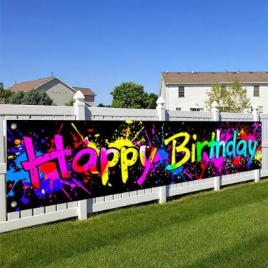 Imagem de BlissYard Banner de fundo de feliz aniversário colorido grafite salpicos de tinta neon design divertido 118x20 polegadas para festa de aniversário crianças celebração festival evento ao ar livre