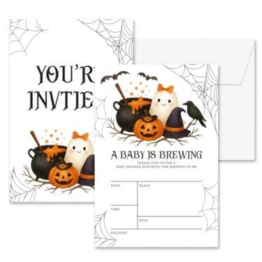 Imagem de seclate Convites de chá de bebê para meninos e meninas, 10 cm x 15 cm Halloween Witch Gender Reveal Convites Cartões para decoração de festa assustadora suprimentos (25 peças) - B04