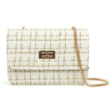Imagem de TXMAQQ Bolsas de ombro femininas modernas de tweed, alça superior de grande capacidade, bolsa transversal de corrente, bolsas de mão de lã femininas, Branco (white7)