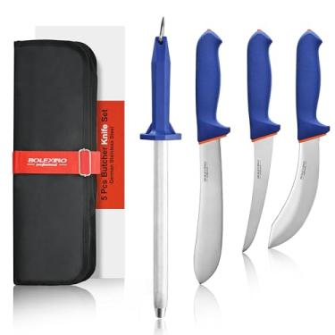 Imagem de Conjunto de 5 facas profissionais de açougueiro com cabo macio antiderrapante, incluindo faca de açougueiro de 20 cm, faca de esfolar de 15 cm, faca de desossar de 15 cm para corte de carne, haste de
