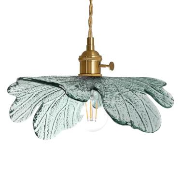 Imagem de Auwieou Luminária pendente moderna soprada à mão 1 luz grande de vidro pingente de latão luminária suspensa de teto vintage com sombra de vidro verde escuro para cozinha, ilha, sala de jantar, quarto