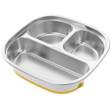 Imagem de Pratos infantis de aço inoxidável com sucção, inquebráveis, pratos divididos, 3 seções, pratos de aço inoxidável, versátil e compacto, controle de dieta, para crianças, lavável na lava-louças (A)
