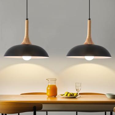 Imagem de GUIHUALOVE Luzes pendentes pretas ilha da cozinha, pacote com 2 lâmpadas pendentes modernas com tampa de madeira, luminária pendente de cúpula de 35 cm para cozinha, sala de jantar, sala de estar