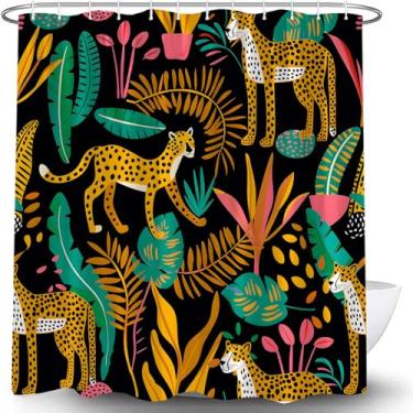 Imagem de JOFKAXU Cortina de chuveiro boho leopardo tropical folhas de palmeira abstrata guepardo meados do século planta selva vida selvagem safári animal estética grande gato cortina de banho com ganchos