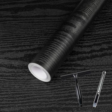 Imagem de Abyssaly Papel de parede de contato de grão de madeira preta 45 cm x 1000 cm, papel de parede autoadesivo, papel de parede espesso de vinil para bancadas de cozinha, prateleira de armário com raspador