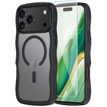 Imagem de SunStory Capa compatível com iPhone 17 Pro Max com protetor de tela HD, [compatível com MagSafe] Capa de celular fosca translúcida ondulada fofa para iPhone 17 Pro Max, preta