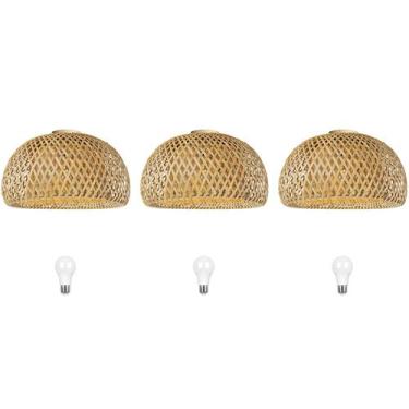 Imagem de 3 Luminária De Bambu Fibra Natural Sala Plafon Nat65 + Led - Acende a 