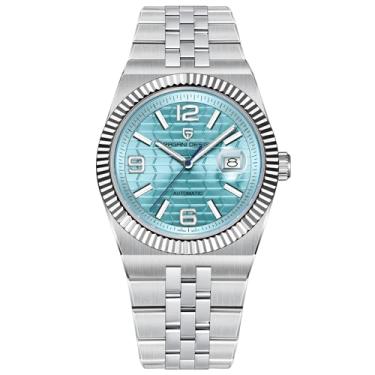 Imagem de Pagani Design Relógios masculinos analógicos, mecânicos automáticos, relógio de pulso de aço inoxidável 316L, vidro safira de 40 mm, calendário luminoso à prova d'água 100 m, Prateado, azul gelo