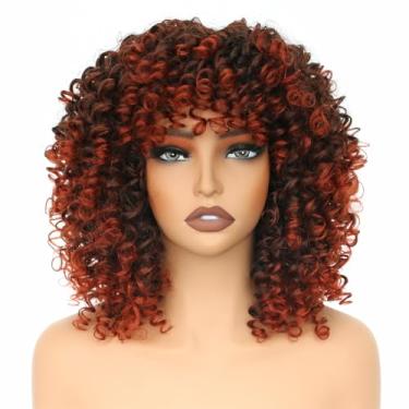 Imagem de PORSMEER Perucas Afro Curly de 35,5 cm, Curtas Soltas e Curtas com Franja para Mulheres Negras, Cabelo Sintético Afro Cachos Anos 70 (Preto a Cobre)
