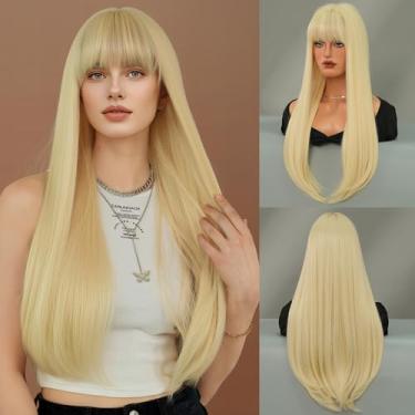 Imagem de TRUMOST Peruca loira com franja para mulheres platinado branqueador peruca loira 27 polegadas longo cabelo sintético liso substituição natural procura para uso diário uso uso festa presentes cosplay
