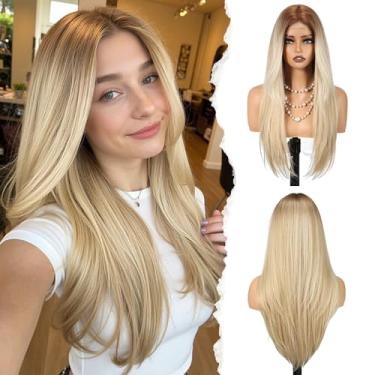 Imagem de HAIRCUBE Peruca longa e reta para mulheres, cabelo sintético resistente ao calor com franja, peruca frontal pré-cortada de aparência natural, macia e leve para uso diário, cosplay, festas (loira)