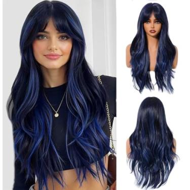 Imagem de Sallcks Perucas femininas longas em camadas pretas com destaque azul com franja resistente ao calor de fibra sintética para fantasias de Halloween