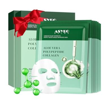Imagem de ASYBO Pacote com 20 máscaras faciais de colágeno, polipeptídeo de aloe vera, máscaras faciais para cuidados com a pele, máscara facial hidratante para acne, pós-sol, claming, antienvelhecimento e