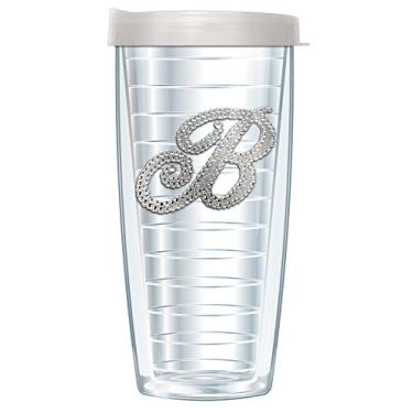 Imagem de FREEHEART Carta de strass prata em copo isolado transparente com tampa de viagem - Isolamento térmico de parede dupla - Iniciais de monograma brilhante brilhante (473 ml, B)