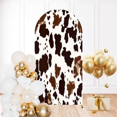 Imagem de Capa de fundo de arco de casamento de 1,8 m com estampa de pele de vaca, sem costura, manchas marrons, branco, elastano, parte superior redonda, para decoração de festa de aniversário, cerimônia