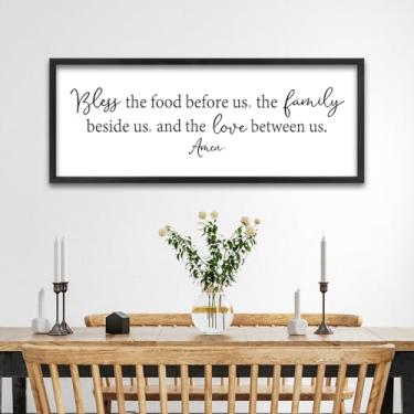 Imagem de ZZJJHYWGQ Decoração de parede para sala de jantar Bless The Food Before Us Placa cristã de cozinha 101 cm x 38 cm com moldura de madeira católica grande arte para pendurar na parede (preto)