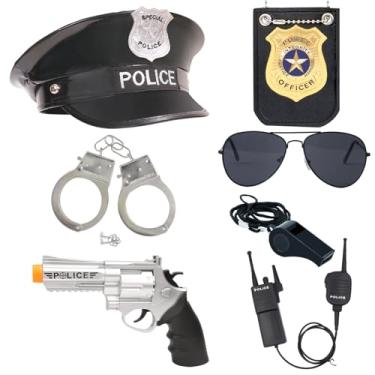 Imagem de QPCOS Kit de encenação de policial chapéu algemas óculos de sol, acessórios de fantasia de policial para festa de Halloween (arma de brinquedo incluída, média)