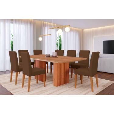 Imagem de Conjunto: Mesa Sala Jantar Ester Tampo Madeirado 210x100cm e 8 Cadeiras Maia Cinamomo - Cinamomo/Suede Mascavo Chocolate - Cimol