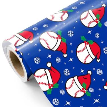 Imagem de WRAPAHOLIC Papel de embrulho de beisebol de Natal - Mini rolo - 43 cm x 40 cm - flocos de neve e chapéu de Papai Noel papel de embrulho de beisebol para Natal, festa esportiva, feriado, festa