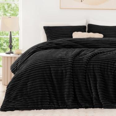 Imagem de EXQ Home Conjunto de edredom fofo de jacquard listrado de pele sintética supermacia, 3 peças, conjunto de cama quente de inverno, 1 edredom com 2 fronhas