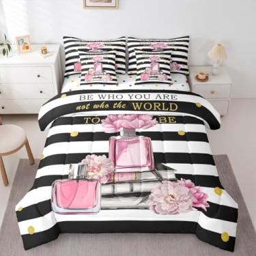 Imagem de Erosebridal Conjunto de edredom floral rosa com lençol solteiro para meninas, moderno, moderno, 7 peças, boêmio, preto e branco, listrado, inspirador, perfume, laço de coquete