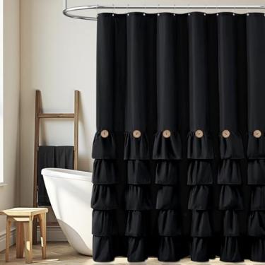 Imagem de BTTN Cortina de chuveiro Stall Farmhouse, cortina de chuveiro de tecido estreito com babados 91 x 182 cm com botões para banheiro, repelente de água, conjunto pequeno moderno de cortina de chuveiro