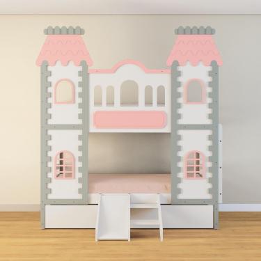 Imagem de Beliche Castelo Encantado 02 Gavetas Kit Escada/escorregador - Madeira Maciça Branco/cinza/rosa Housin
