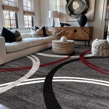 Imagem de Rugshop Tapete moderno com design de círculos ondulados, tapete para sala de estar, sala de jantar ou quarto, vermelho, 2,8 m x 2,5 m