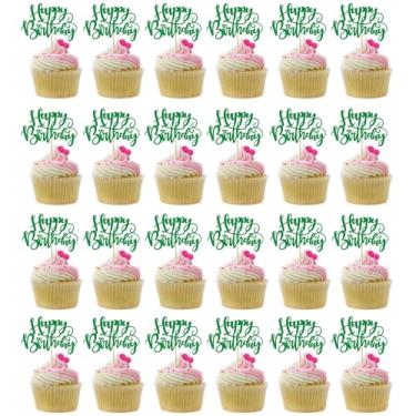 Imagem de Naicaek 24 peças de topos de cupcake de feliz aniversário, picaretas de cupcake com glitter/celebração de feliz aniversário, tema de aniversário, suprimentos de decoração de festa (verde)