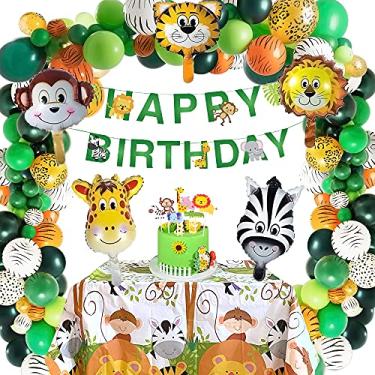 Imagem de Decoração de aniversário safári, 58 peças, tema selvagem selvagem, kit de guirlanda de balões de animais, decoração de chá de bebê para meninos com macaco, tigre, leão, zebra, balão reutilizável, faixa de feliz aniversário, 1ª