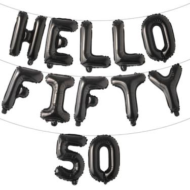 Imagem de Decorações de feliz aniversário 50 para mulheres Hello FIFTY 50 balões de festa 50 e faixa fabulosa para artigos de festa de aniversário de 50 anos (HELLO FIFTY 50 Preto)