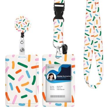 Imagem de Porta-crachá de identificação com cordão retrátil e chaveiro, carretel de crachá com mosquetão giratório, etiqueta de nome de cartão colorido abstrato, cordão protetor de identidade, clipes para