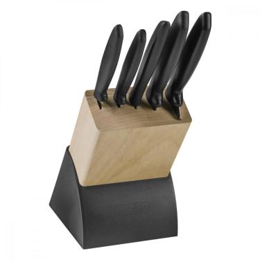 Imagem de Jogo de Facas Tramontina Plenus com Laminas em Aço Inox Cabos de Polipropileno Preto e Suporte de Madeira 6 Peças