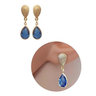Imagem de Brinco Gota de Pedra Cristal Azul Água Folheado Ouro 18k Antialérgico 