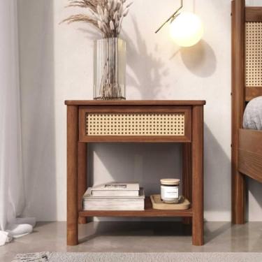 Imagem de IDIMEX Mesa de Cabeceira Palhinha Natural Madeira Quarto Casal Castanho Cefira