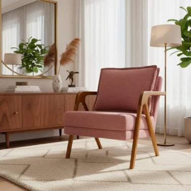 Imagem de Poltrona Decorativa Para Sala Cadeira Reforçada Para Recepção Sala De Espera Consultório Escritório Confortável em Madeira Maciça Tecido Bouclé Premium Rosê