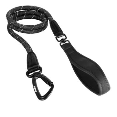 Imagem de PetBonus Coleira de corda para cães, coleira de nylon resistente de 1,5 m com mosquetão de alumínio de aviação com travamento automático, alça acolchoada confortável, guia refletiva para treinamento