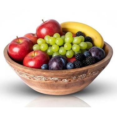 Imagem de Mela Artisans Fruteira de madeira – Acabamento de cal | Tigela grande de 30 cm de madeira de manga com almofadas de feltro | Tigela decorativa | Tigela de bancada multiuso para pães | Salada | Frutas