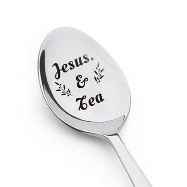 Imagem de Jesus e colher de chá presentes para mulheres homens Jesus amantes de chá presente para avó pai presentes cristãos para amigos presente de aniversário de Natal para marido filha chá jesus colheres de