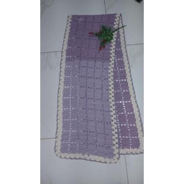 Imagem de Artesanal Passadeira de Crochê Decorativa, Lilás com Borda Branca, 220x45cm, Tapete Retangular para Corredor