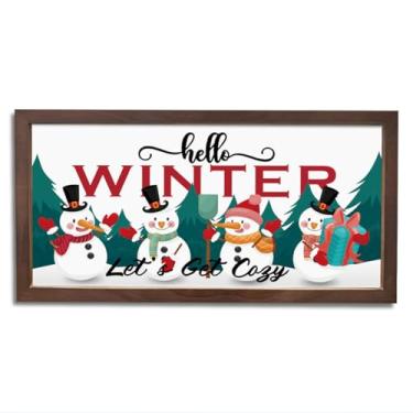 Imagem de Placa Hello Winter Let's Get Cosy, decoração de bonecos de neve fofos, arte de decoração de inverno de neve, decoração de casa para varanda ou sala de estar, placa de madeira emoldurada rústica 38 ×