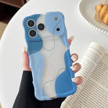 Imagem de DEFBSC Capa para iPhone 17 Pro, linda capa de telefone com estampa de arte ondulada transparente para mulheres e meninas, capa protetora durável com moldura ondulada para iPhone 17 Pro, azul