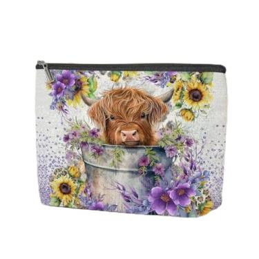 Imagem de Bolsa de maquiagem rústica com girassol, bolsa de cosméticos ocidentais para viagens, bolsa de higiene com tema de fazenda, presente de campo para amantes de vacas, presente de aniversário de