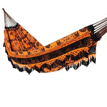 Imagem de Rede de Descanso Casal Indiana Artesanal Luxuosa 4,20m – Algodão, Feita à Mão, Super Confortável e Resistente(LARANJA PRETO PREMIUM)