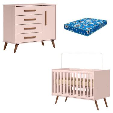 Imagem de Berço Americano 3820 E Cômoda Infantil 3825 Q Encanto Retrô Rosa Com Colchão Tend Tudo - Qmovi