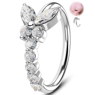 Imagem de Melighting Piercing de nariz de borboleta 20G, argola de 8 mm aberta sem costura, joia de aço cirúrgico 316L, anel de narina torcida com marquesa e zircônia redonda, piercing corporal de flor prateada