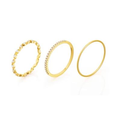 Imagem de Freekiss Anéis de ouro fino para mulheres: 3 peças empilháveis banhado a ouro 14 k conjunto de alianças de casamento de polegar não manchadas CZ anéis para mulheres moda declaração ouro joias tamanho