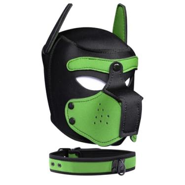 Imagem de Capuz para filhotes, máscara de neoprene com focinheira e coleira removíveis, rosto de cachorro completo (9 cores) (verde)